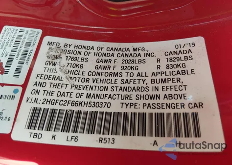 2019 Honda Civic Lx z USA, uszkodzony, nr VIN 2HGFC2F66KH530370